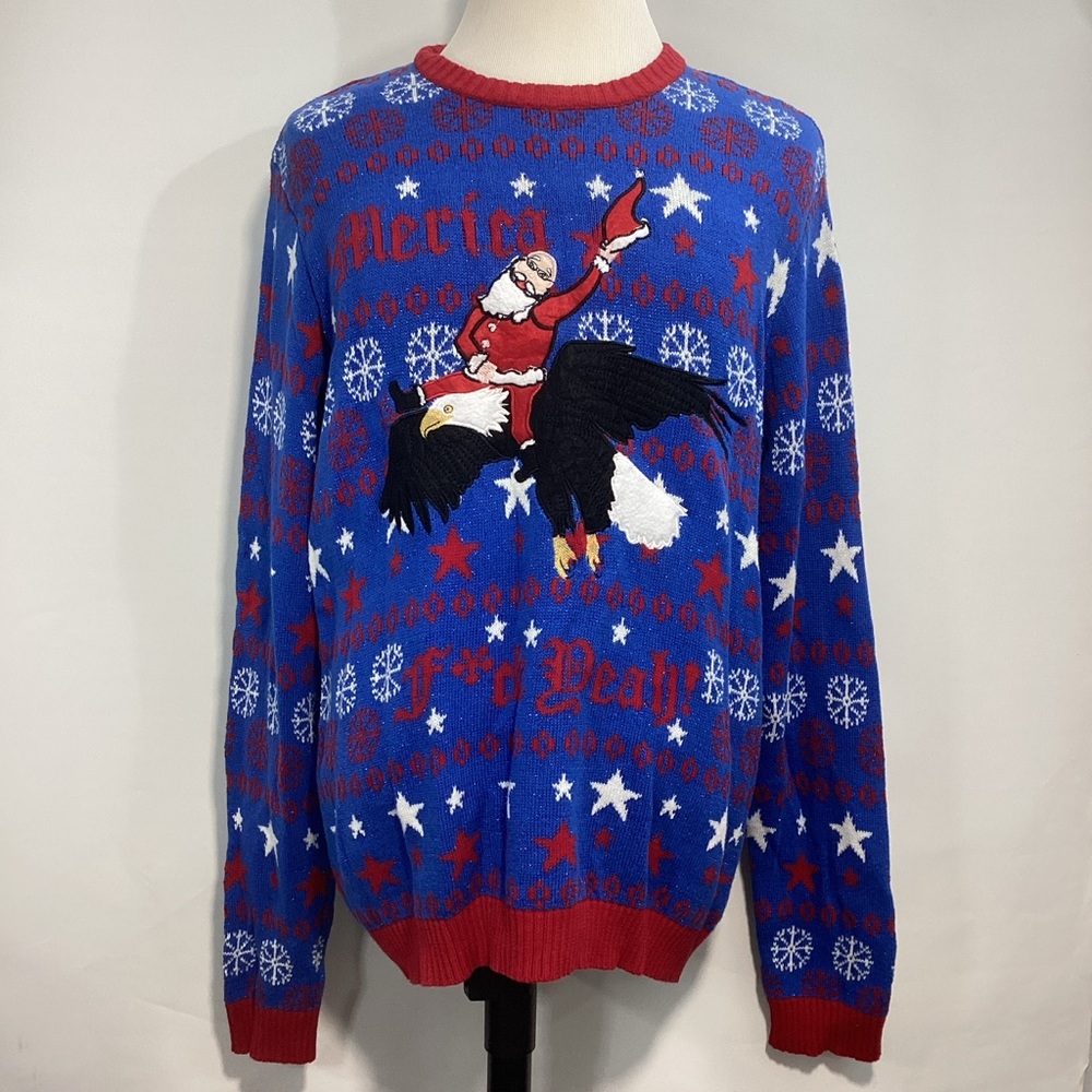 Blizzard Bay Christmas Ugly Sweater Merica Santa and Eagle Cotton Sz XXL